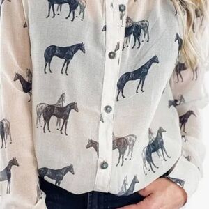 Tasha Polizzi Equestrian Print Shirt in Cream and Black
